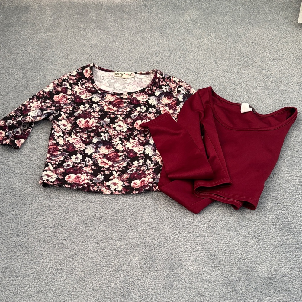 Floral and Burgundy Long Sleeve Crop Top Bundle size small